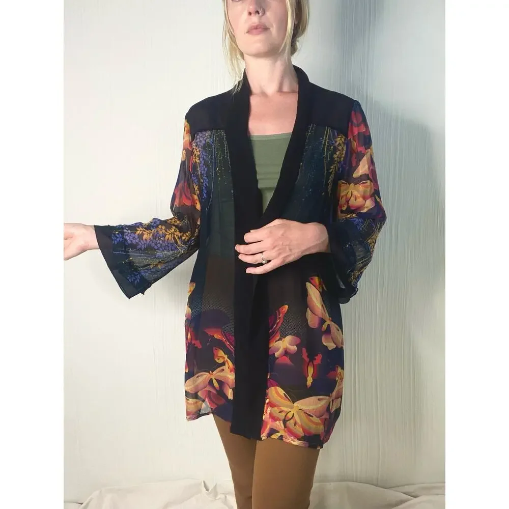 CITRON Black Sheer Silk Kimono Floral Butterflies US MEDIUM - Picture 4 of 15